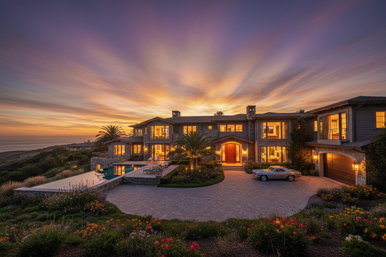 Real twilight photography of a luxury coastal home on the Monterey Peninsula