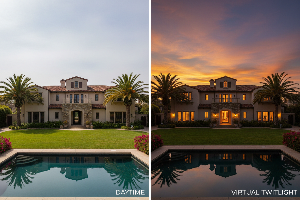 Virtual twilight before and after comparison of a luxury Monterey California home