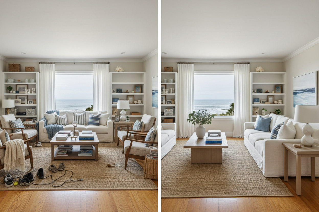 Before and after virtual decluttering of a luxury Monterey California home
