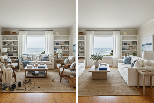 Before and after virtual decluttering of a luxury Monterey California home