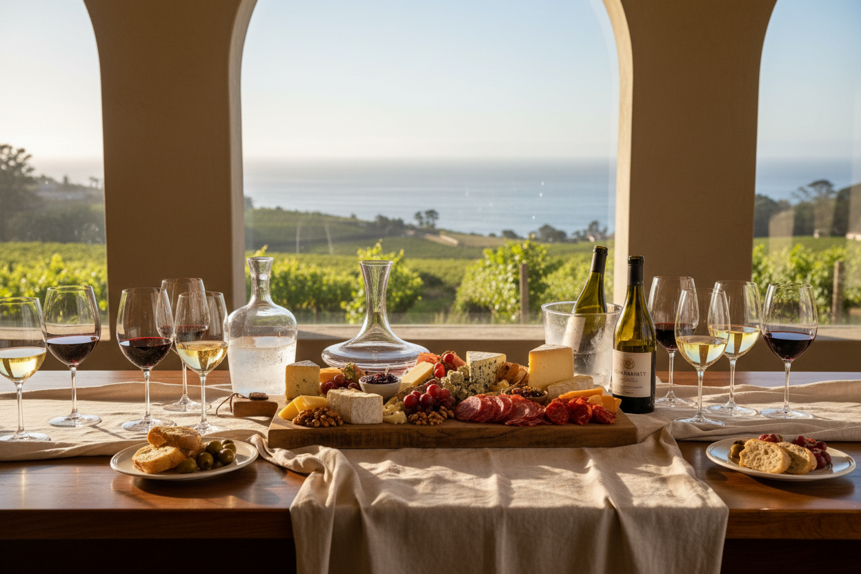 Wine and food pairing at a Monterey Peninsula coastal winery with ocean vineyard views