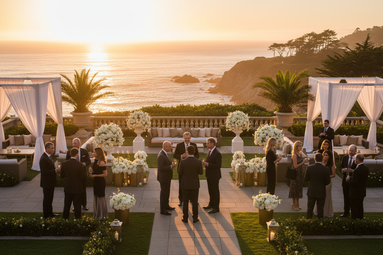 Outdoor corporate event on a scenic Monterey coastal terrace with ocean views and golden hour lighting