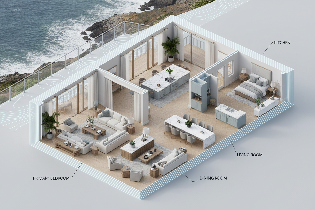 3D LiDAR isometric floor plan of a luxury Monterey California coastal home