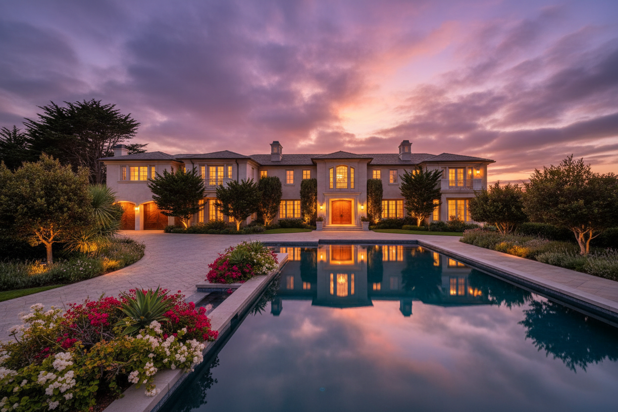 Real twilight photography of a luxury Monterey Peninsula estate with pool and dramatic sunset sky