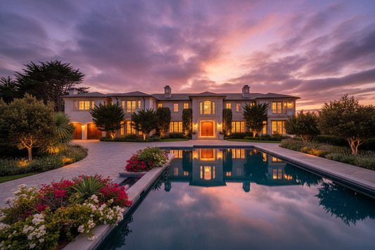 Real twilight photography of a luxury Monterey Peninsula estate with pool and dramatic sunset sky