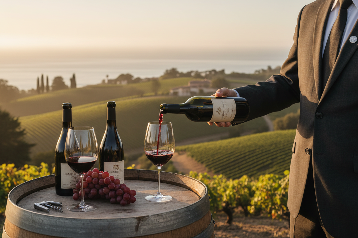 Sommelier pouring red wine at a Monterey Peninsula winery with vineyard views