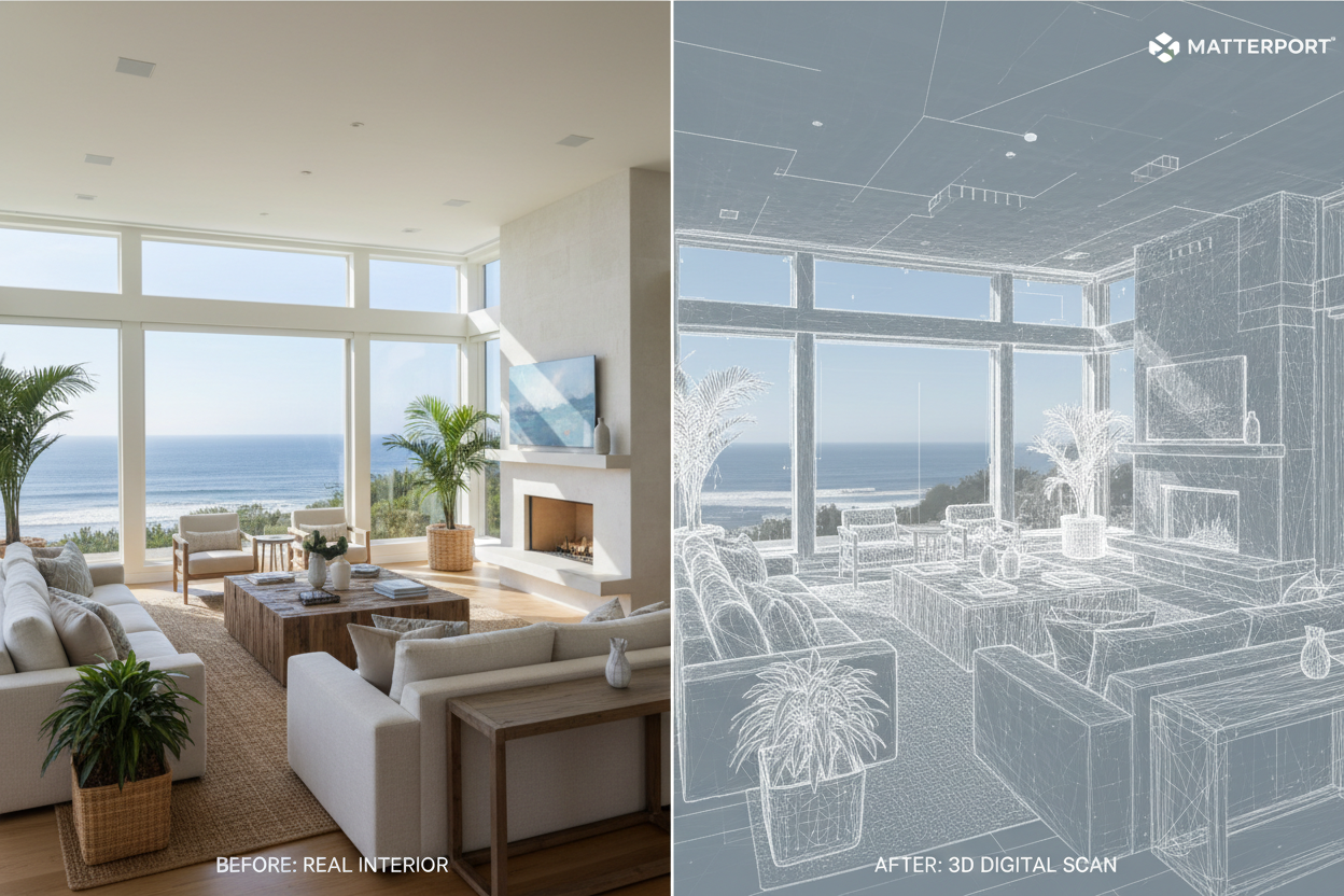 Before and after comparison of real luxury home interior vs Matterport 3D scan model