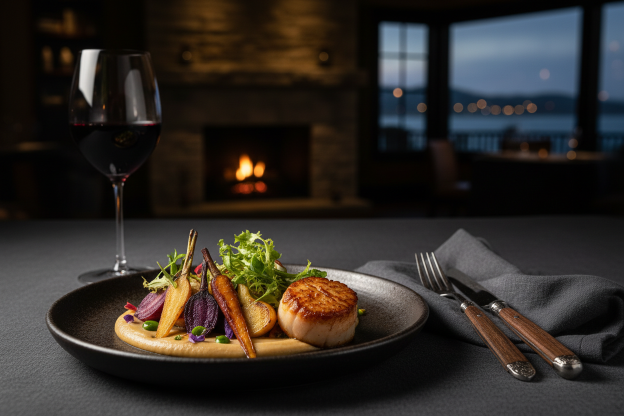 Elegantly plated gourmet dish at a luxury Monterey California restaurant with dramatic moody lighting
