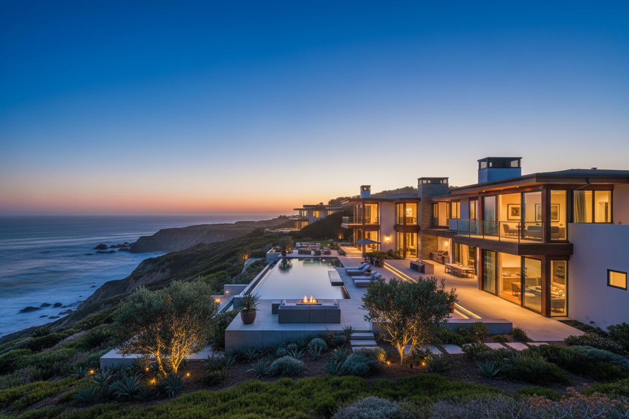 Virtual twilight transformation of a modern luxury coastal California home at dusk