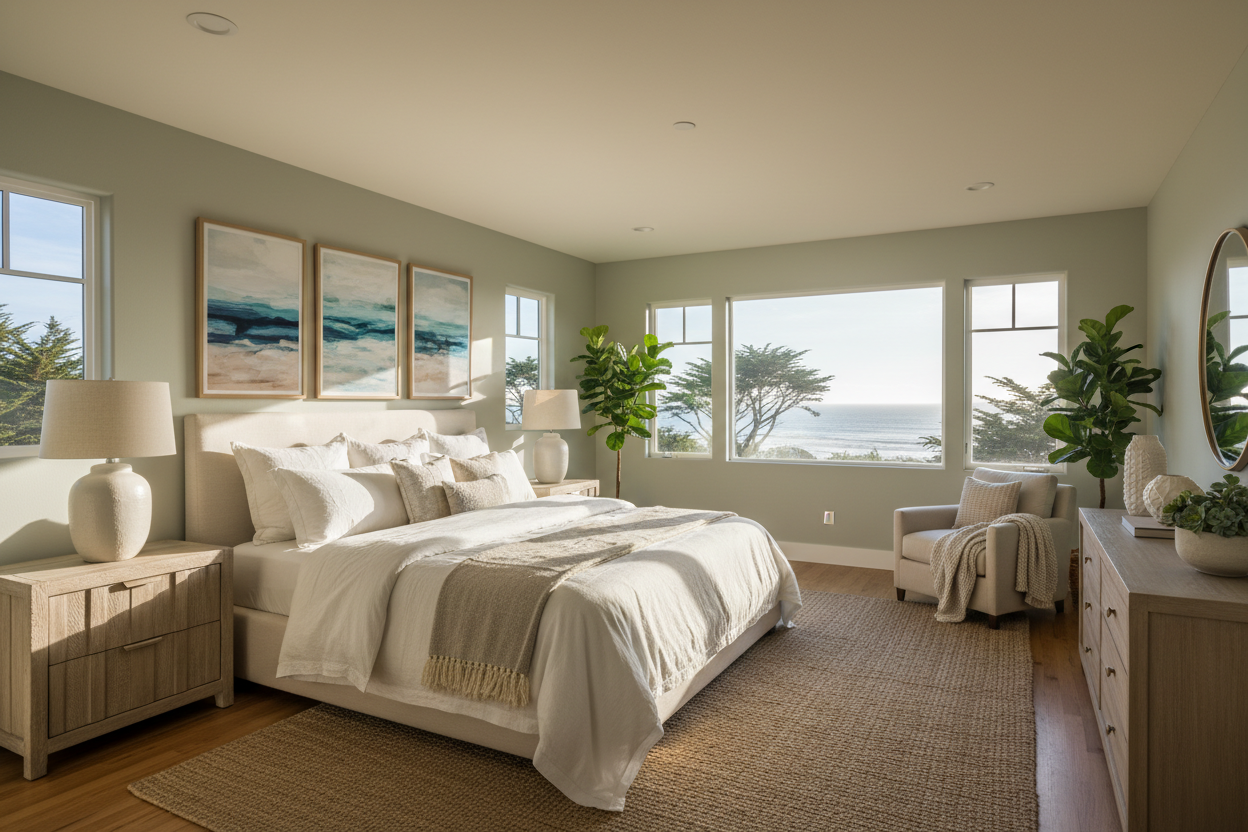 Virtually staged primary bedroom with elegant coastal California decor