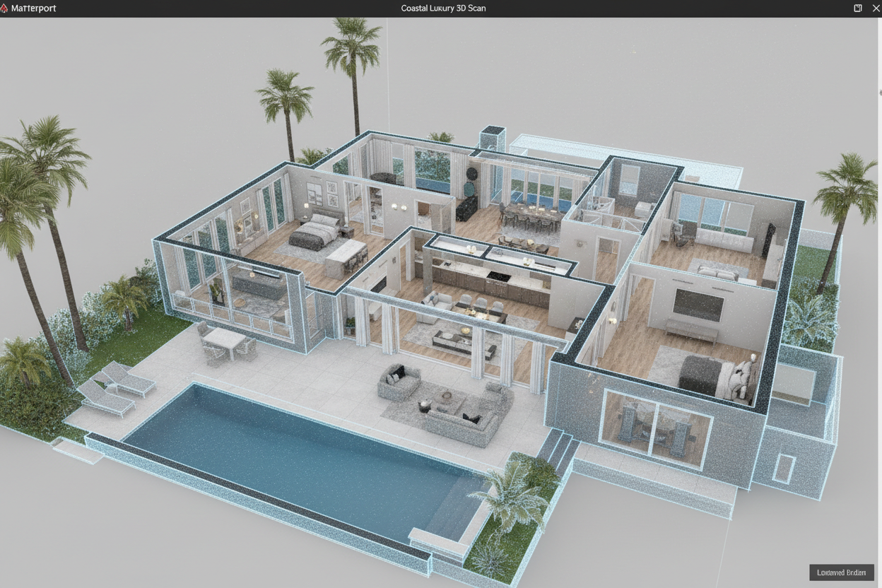 Matterport 3D dollhouse view of luxury coastal home showing full floor plan layout